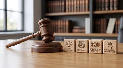 Wooden blocks labelled legal services, contracts, intellectual property and regulatory compliance beside a gavel