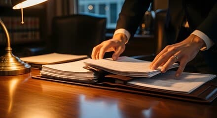 Hands turning the pages of a bound file under a desk lamp